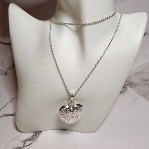 925 Silver Filigree Puffy Heart Pendant with Long Rope Chain